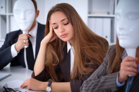 A group of business people at a meeting . They do not hear me, they dont want to understand me, business conceptの写真素材