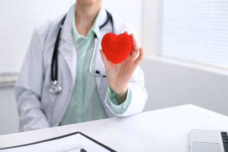 Female doctor with stethoscope holding heart. Cardio therapeutist, physician make cardiac physical, heart rate measure, arrhythmia, old age life concept.の写真素材