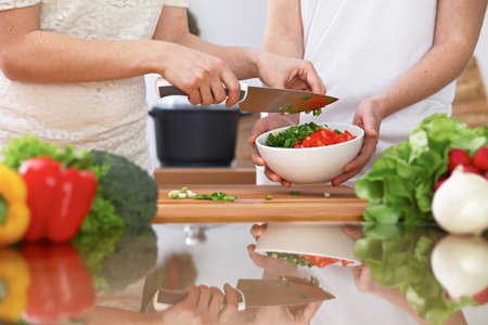 Closeup of two women are cooking in a kitchen. Friends having fun while preparing fresh saladの写真素材