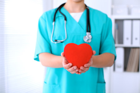 Female surgeon doctor with stethoscope holding heartの写真素材