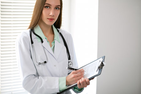 Female doctor brunette sitting  at the table near the window in hospitalの写真素材