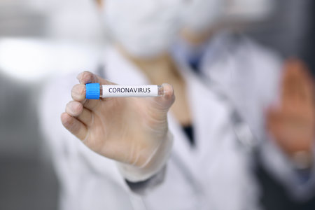Coronavirus outbreaking stopped. Stop Epidemic virus Respiratory Syndrome. Coronavirus 2019-nCoV Blood Sampleの写真素材