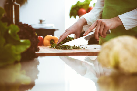 Unknown human hands cooking in kitchen. Woman is busy with vegetable salad. Healthy meal, and vegetarian food conceptの写真素材