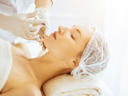 Beautiful woman receiving beauty injections with closed eyes in sunny medical center. Beautician doctor hands doing beauty procedure to female face with syringeの写真素材