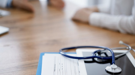 Stethoscope and tablet computer are lying on the wooden table while doctor and patient discussing something at the background. Medicine conceptの写真素材