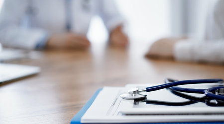 Stethoscope and tablet computer are lying on the wooden table while doctor and patient discussing something at the background. Medicine conceptの写真素材
