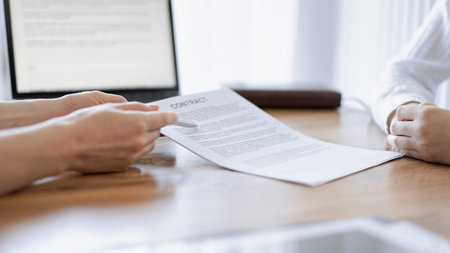Businesswoman lawyer pointing into contract special points admitting something for colleague or...