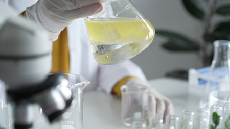A scientist wearing white protective gloves is shaking up a yellow chemical solution inside an Erlenmeyer flask in a laboratory set, close up. Science and medicine conceptsの写真素材