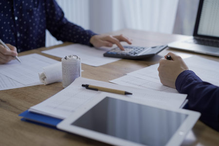 Accountants or auditors reviewing financial documents while sitt