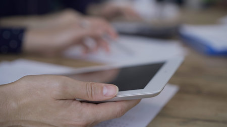 Accountants or auditors reviewing financial documents while sitt