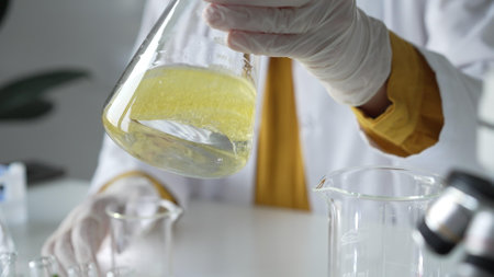 Unknown scientist wearing white protective gloves is carefully shaking up a yellow chemical solution inside an Erlenmeyer flask in a laboratory, close up. Science and medicineの写真素材