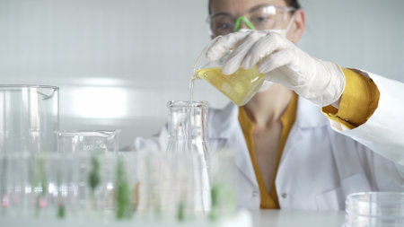 Woman scientist wearing a lab coat, white gloves, and a mask is pouring a yellow oily liquid from one beaker to another in a laboratory setting, close up. Science and medicineの写真素材