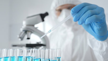 Scientific researcher wearing protective equipment, carefully pipetting liquid into test tubes while...