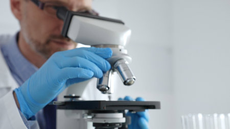 Close up of male scientist in white coat and blue gloves adjusting microscope, conducting...