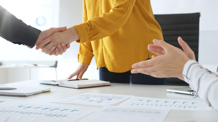 Professional businesspeople shaking hands, confirming partnership agreement in contemporary...