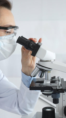 A female scientist in a protective mask and glasses carefully examines a sample under a microscope...