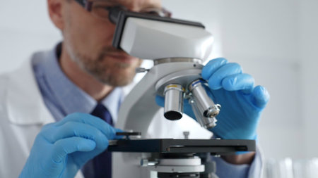 Close up of male scientist in white coat and blue gloves adjusting microscope, conducting...