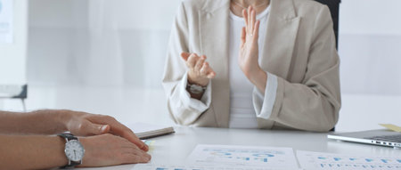 Professional business team clapping hands, celebrating successful presentation, displaying...