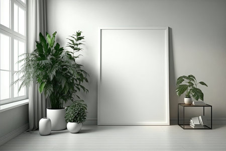 Blank horizontal poster frame mock up in minimal white style living room interior, modern living room interior background, Ai generative.の素材