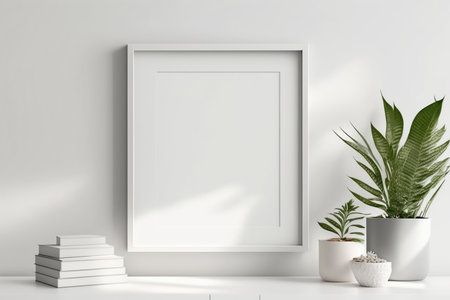 Blank horizontal poster frame mock up in minimal white style living room interior, modern living room interior background, Ai generative.の素材