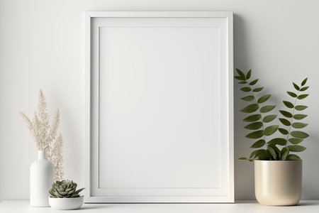 Blank horizontal poster frame mock up in minimal white style living room interior, modern living room interior background, Ai generative.の素材