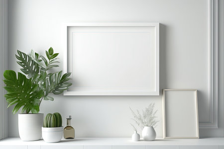 Blank horizontal poster frame mock up in minimal white style living room interior, modern living room interior background, Ai generative.の素材