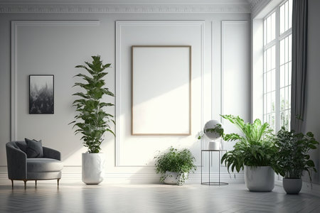 Blank horizontal poster frame mock up in minimal white style living room interior, modern living room interior background, Ai generative.の素材