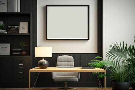 Blank horizontal poster frame mock up in minimal white style living room interior, modern living room interior background, Ai generative.の素材