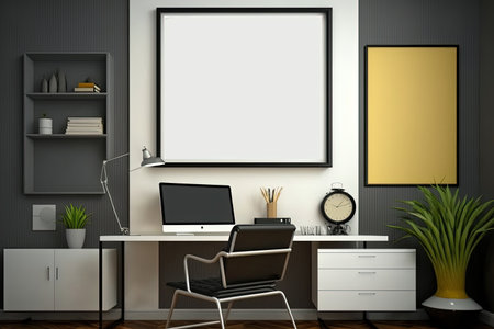 Blank horizontal poster frame mock up in minimal white style living room interior, modern living room interior background, Ai generative.の素材