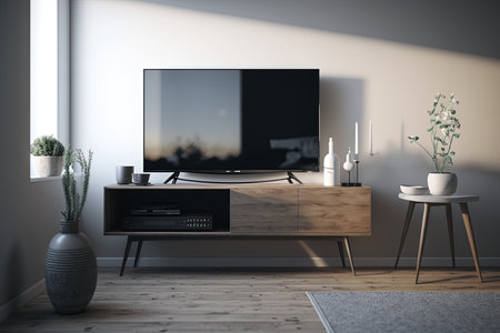 Television put on tv stand wood table, in minimal empty spave room background white wall AI Generativeの素材