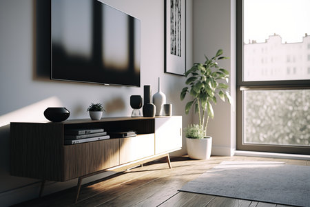 Television put on tv stand wood table, in minimal empty spave room background white wall AI Generativeの素材
