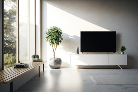 Television put on tv stand wood table, in minimal empty spave room background white wall AI Generativeの素材