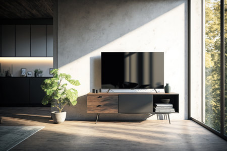 Television put on tv stand wood table, in minimal empty spave room background white wall AI Generativeの素材