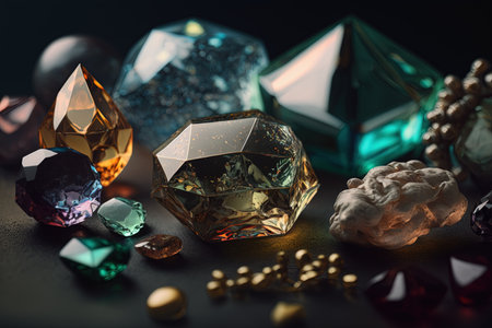 Jewel on black shine color, Collection of many different natural gemstones amethyst, lapis lazuli, rose quartz, citrine, ruby, amazonite, moonstone, labradorite, chalcedony, blue topaz Ai Generativeの素材