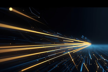abstract futuristic background with gold blue glowing neon moving high speed wave lines and bokeh lights. Data transfer concept Fantastic wallpaper, Ai Generativeの素材