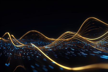 abstract futuristic background with gold blue glowing neon moving high speed wave lines and bokeh lights. Data transfer concept Fantastic wallpaper, Ai Generativeの素材