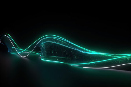 abstract futuristic background with green blue glowing neon moving high speed wave lines and bokeh lights. Data transfer concept Fantastic wallpaper,Ai Generativeの素材