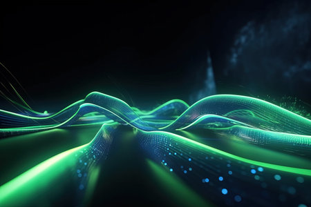 abstract futuristic background with green blue glowing neon moving high speed wave lines and bokeh lights. Data transfer concept Fantastic wallpaper,Ai Generativeの素材