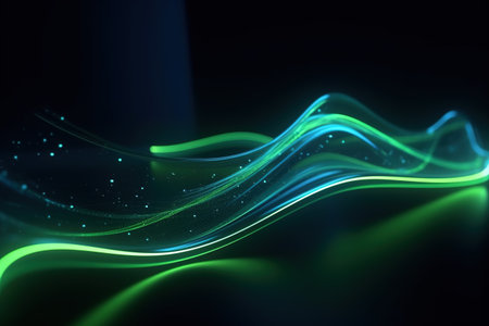 abstract futuristic background with green blue glowing neon moving high speed wave lines and bokeh lights. Data transfer concept Fantastic wallpaper,Ai Generativeの素材