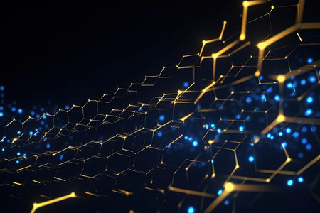 abstract futuristic background with gold blue glowing neon moving high speed wave lines and bokeh lights. Data transfer concept Fantastic wallpaper, Ai Generativeの素材