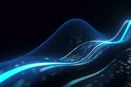 abstract futuristic background with dark blue glowing neon moving high speed wave lines and bokeh lights. Data transfer concept Fantastic wallpaper,Ai Generativeの素材
