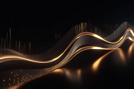 abstract futuristic background with gold silver blue glowing neon moving high speed wave lines and bokeh lights. Data transfer concept Fantastic wallpaper,Ai Generativeの素材