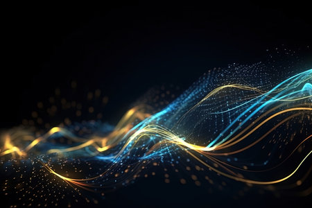 abstract futuristic background with Gold blue glowing neon moving high speed wave lines and bokeh lights. Data transfer concept Fantastic wallpaper, Ai Generativeの素材