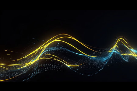 abstract futuristic background with Gold blue glowing neon moving high speed wave lines and bokeh lights. Data transfer concept Fantastic wallpaper, Ai Generativeの素材