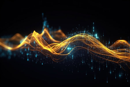 abstract futuristic background with Gold blue glowing neon moving high speed wave lines and bokeh lights. Data transfer concept Fantastic wallpaper, Ai Generativeの素材