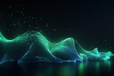 abstract futuristic background with green blue glowing neon moving high speed wave lines and bokeh lights. Data transfer concept Fantastic wallpaper, Ai Generativeの素材