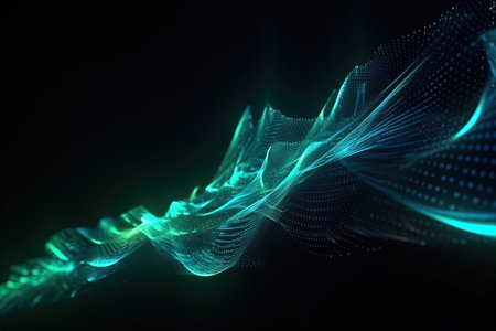 abstract futuristic background with green blue glowing neon moving high speed wave lines and bokeh lights. Data transfer concept Fantastic wallpaper, Ai Generativeの素材