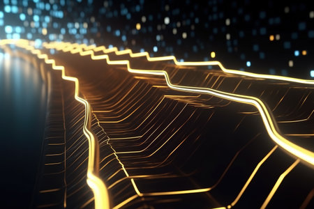abstract futuristic background with Gold blue glowing neon moving high speed wave lines and bokeh lights. Data transfer concept Fantastic wallpaper, Ai Generativeの素材