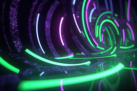 abstract futuristic background with green purple glowing neon moving high speed wave lines and bokeh lights. Data transfer concept Fantastic wallpaper, Ai Generativeの素材