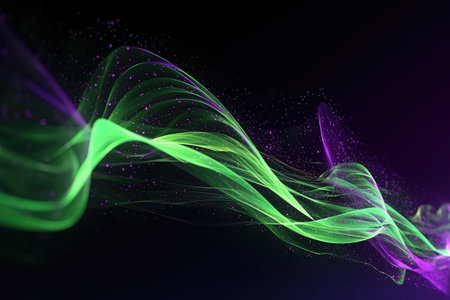 abstract futuristic background with green purple glowing neon moving high speed wave lines and bokeh lights. Data transfer concept Fantastic wallpaper, Ai Generativeの素材